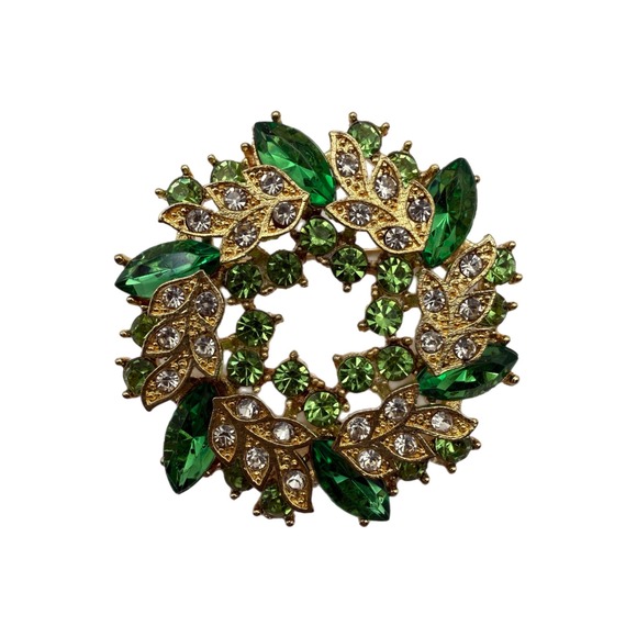 Jewelry - Gold Tone Green Rhinestone Wreath Brooch Pin Emerald Peridot Crystal